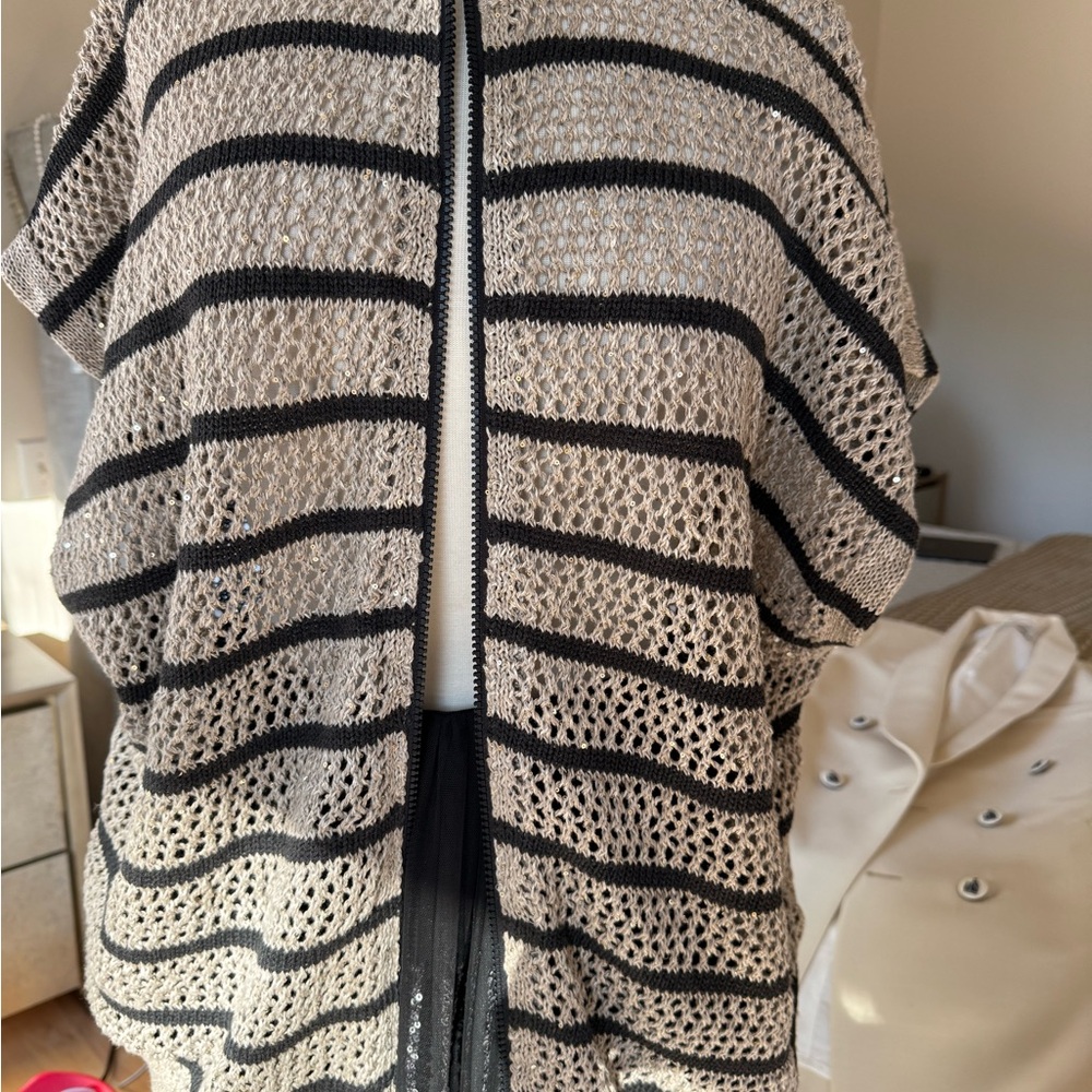 Brunello Cucinelli Navy Blue and light brown Striped/Sequined zip up Sweater